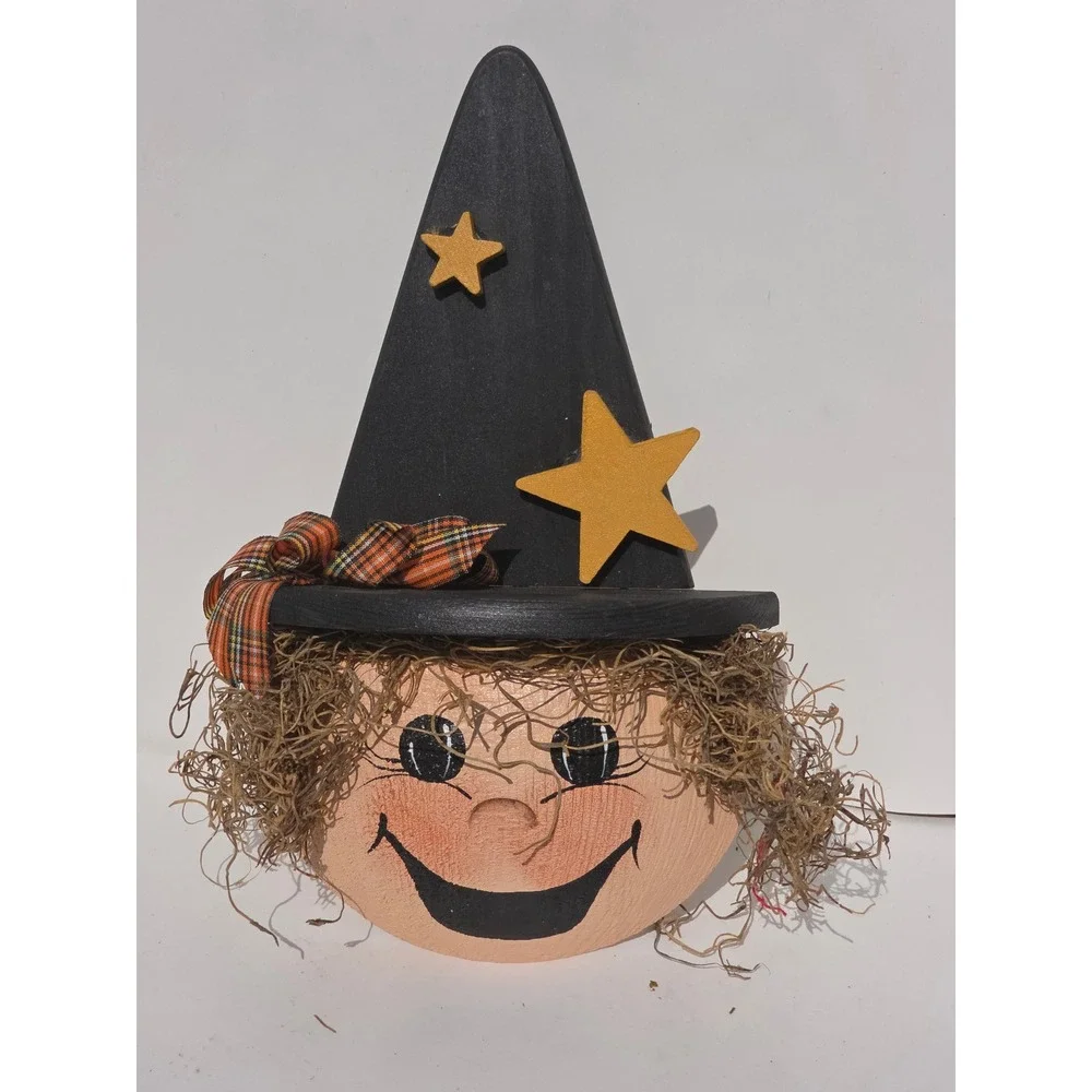 Vintage 1990s Wooden Witch Wall Hanging Halloween Decor Primitive Folk Art Star